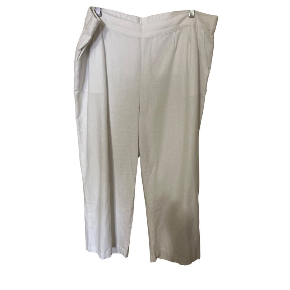 White Linen Blend‎ Elastic Waist Womens Pants Size L Beachy Vacation Resort